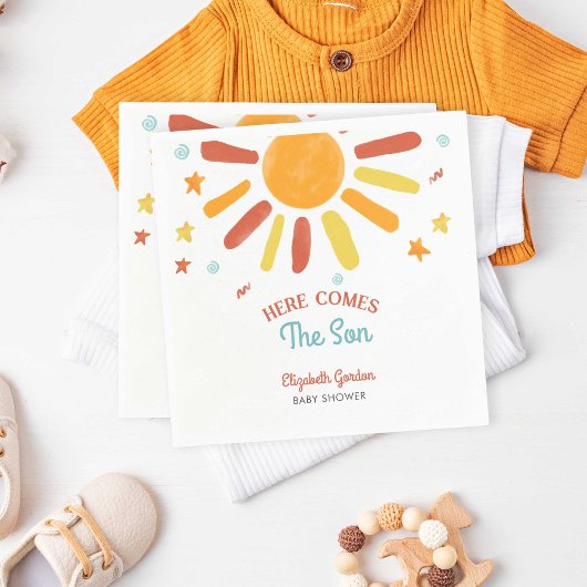 Hier kommt der Son Baby Shower Retro Boy Serviette