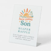 Hier kommt der Son Diaper Raffle Baby Duschtisch Sockelschild (Vorderseite)