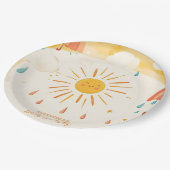 Hier kommt der sonnengelbe Sonnenschein Pappteller (Schrägansicht)