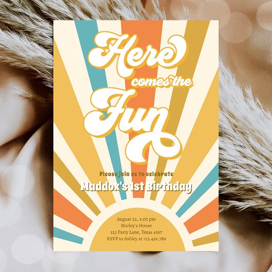 Hier kommt der Spaß Retro Boho Hippie Boy Geburtst Einladung