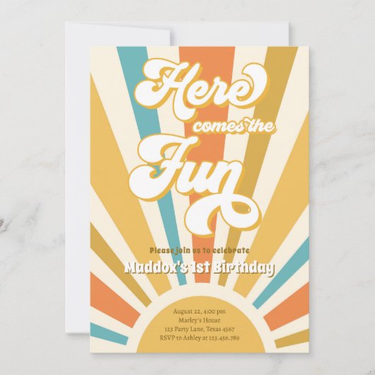 Hier kommt der Spaß Retro Boho Hippie Boy Geburtst Einladung (Vorderseite)