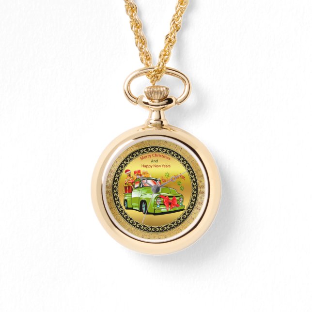 Hier kommt der Weihnachtsbaumwagen von Weihnachtsf Armbanduhr (Vorderseite)