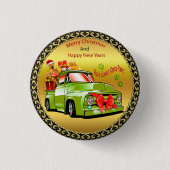 Hier kommt der Weihnachtsbaumwagen von Weihnachtsf Button (Vorderseite)