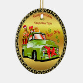 Hier kommt der Weihnachtsbaumwagen von Weihnachtsf Keramik Ornament (Rechts)