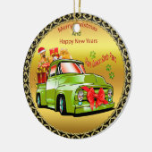 Hier kommt der Weihnachtsbaumwagen von Weihnachtsf Keramik Ornament (Links)