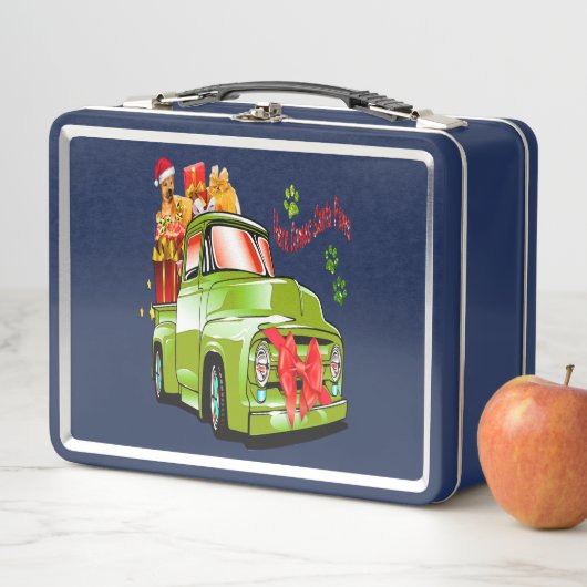 Hier kommt der Weihnachtsbaumwagen von Weihnachtsf Metall Brotdose (Beispiel)