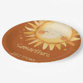 Hier kommt die Baby-Duschkarte Sun Boho Pappteller (Schrägansicht)