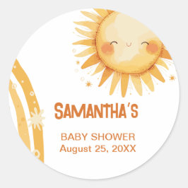 Hier kommt die Baby-Duschkarte Sun Boho Runder Aufkleber