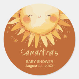 Hier kommt die Baby-Duschkarte Sun Boho Runder Aufkleber