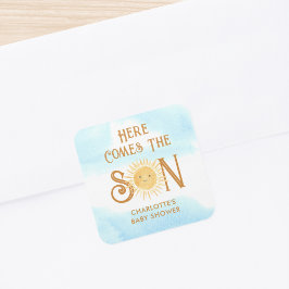 Hier kommt die Babydusche des Sohnes Quadratischer Aufkleber