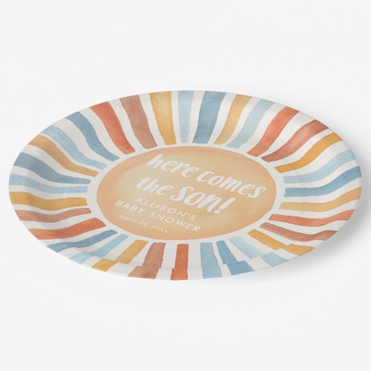 Hier kommt die Babydusche des Sonnenbohys Pappteller (Schrägansicht)