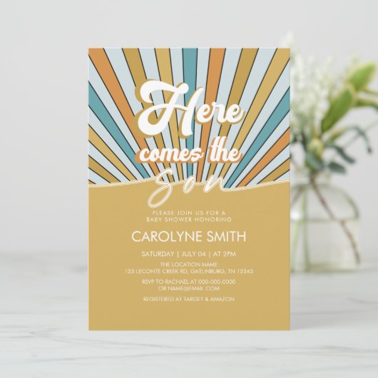 Hier kommt die Babydusche von Son Boho Einladung (Stehend Vorderseite)