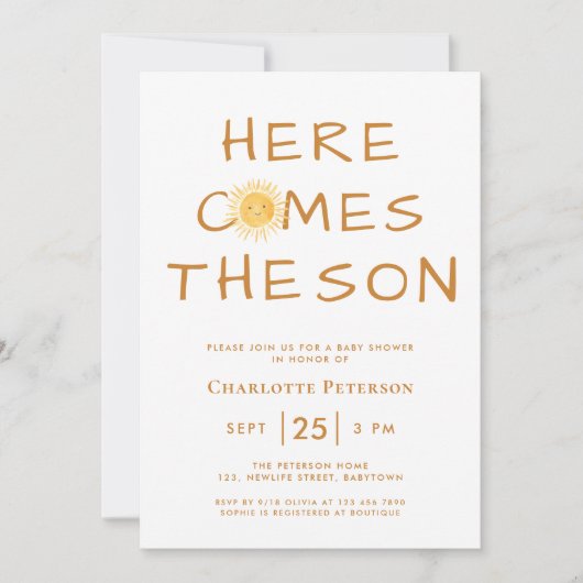 Hier kommt die Babydusche von Son Boho Einladung (Vorderseite)