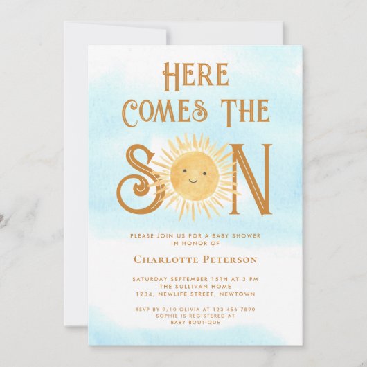 Hier kommt die Babydusche von Son Boho Einladung (Vorderseite)