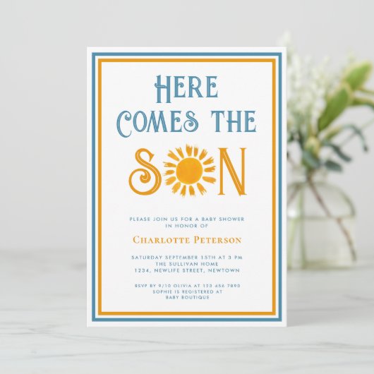 Hier kommt die Einladung der Son Baby Dusche (Stehend Vorderseite)