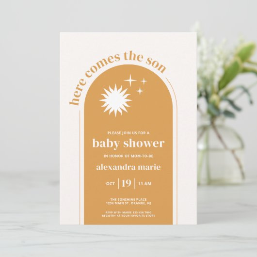 Hier kommt die Son Baby Boy Dusche Einladung (Stehend Vorderseite)