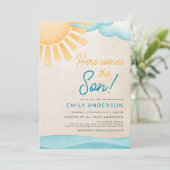 Hier kommt die Son Baby Boy Dusche Einladung (Stehend Vorderseite)