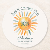 Hier kommt die Son Baby Boy Dusche Runder Pappuntersetzer (Vorderseite)
