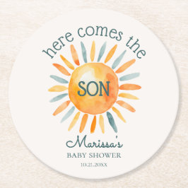Hier kommt die Son Baby Boy Dusche Runder Pappuntersetzer