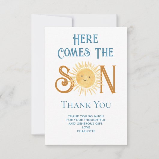 Hier kommt die Son Baby-Dusche dank Karte (Vorderseite)