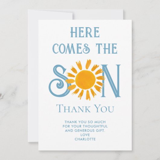 Hier kommt die Son Baby-Dusche dank Karte (Vorderseite)