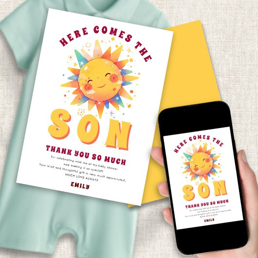 Hier kommt die Son Baby Dusche Danke Einladung