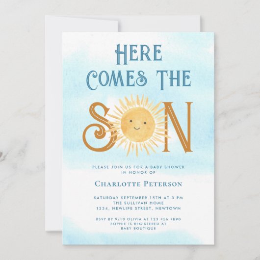 Hier kommt die Son Baby Dusche Einladung (Vorderseite)