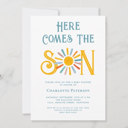 Hier kommt die Son Baby Dusche Einladung (Vorderseite)