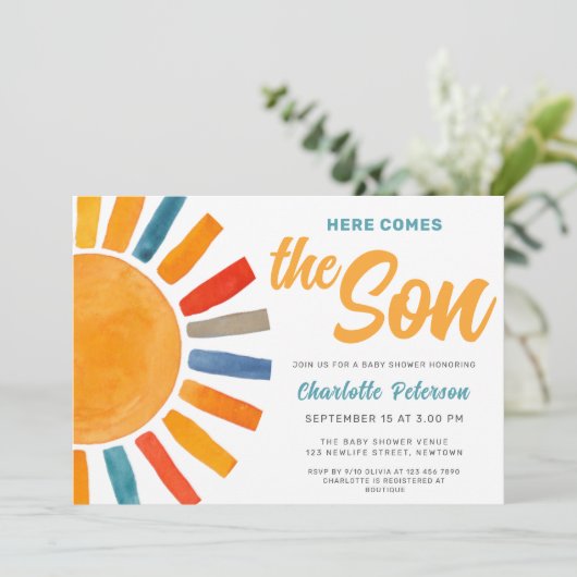Hier kommt die Son Baby Dusche Einladung (Stehend Vorderseite)