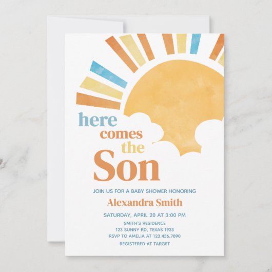 Hier kommt die Son Baby Dusche Einladung (Vorderseite)