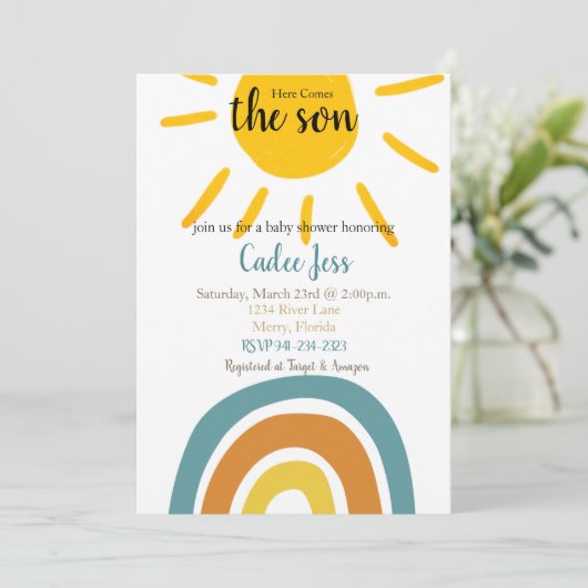 Hier kommt die Son Baby Dusche Einladung (Stehend Vorderseite)