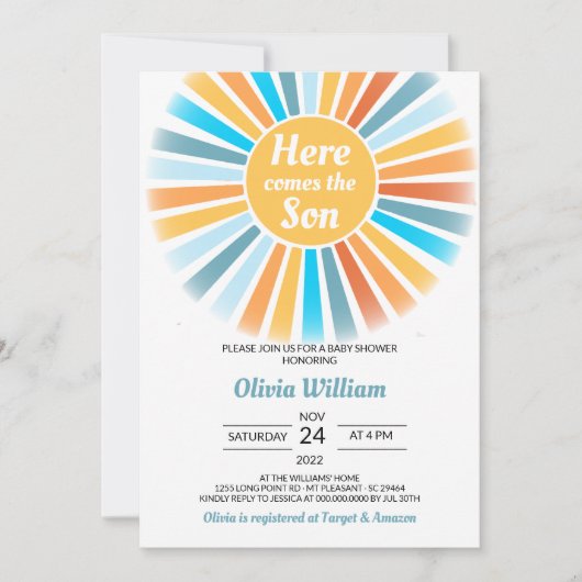 Hier kommt die Son Baby Dusche Einladung (Vorderseite)
