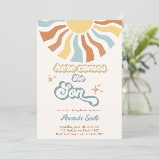 Hier kommt die Son Baby Dusche Einladung (Stehend Vorderseite)