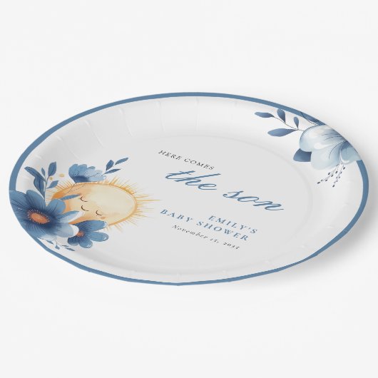 Hier kommt die Son Baby Dusche Pappteller (Schrägansicht)