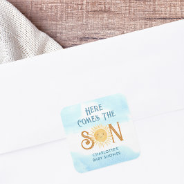 Hier kommt die Son Baby Dusche Quadratischer Aufkleber