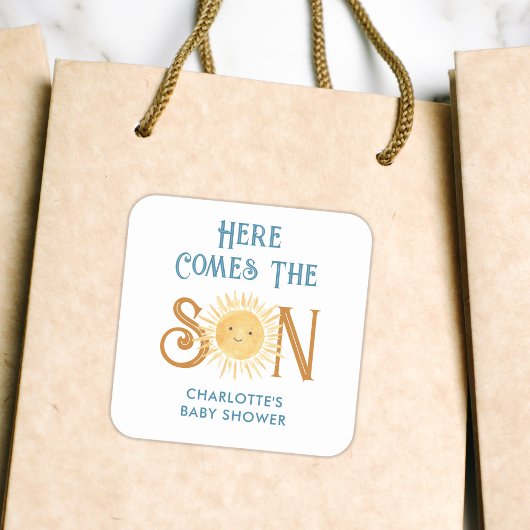 Hier kommt die Son Baby Dusche Quadratischer Aufkleber