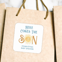 Hier kommt die Son Baby Dusche Quadratischer Aufkleber