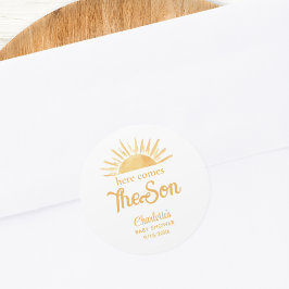 Hier kommt die Son Baby Dusche Runder Aufkleber