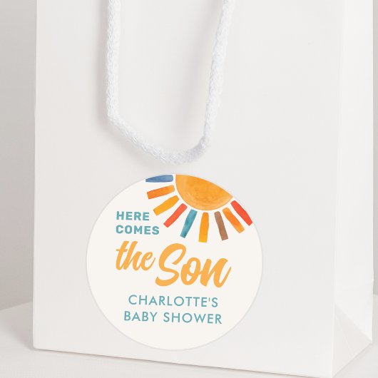 Hier kommt die Son Baby Dusche Runder Aufkleber