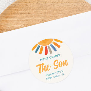 Hier kommt die Son Baby Dusche Runder Aufkleber