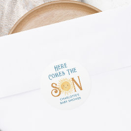 Hier kommt die Son Baby Dusche Runder Aufkleber