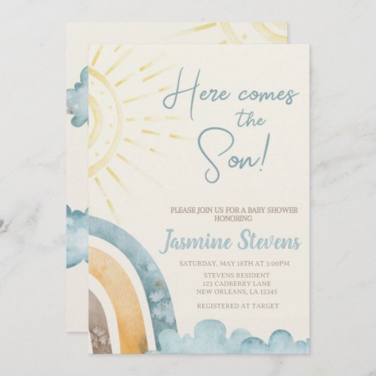 Hier kommt die Son Baby Einladung (Vorne/Hinten)