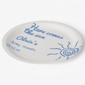 Hier kommt die son Blue Hand Drawn Baby Dusche Pappteller (Schrägansicht)