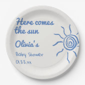 Hier kommt die son Blue Hand Drawn Baby Dusche Pappteller (Vorderseite)