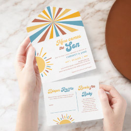 Hier kommt die Son Boy Baby Dusche All In One Einladung