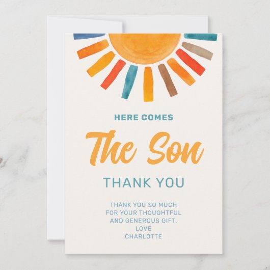 Hier kommt die Son Boy Baby Dusche Danke Karte (Vorderseite)