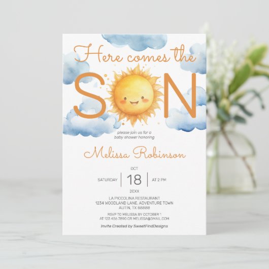 Hier kommt die Son Boy Baby Dusche Einladung (Stehend Vorderseite)