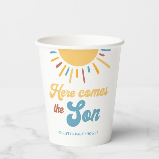 Hier kommt die Son Boy Baby Dusche Pappbecher (Rückseite)