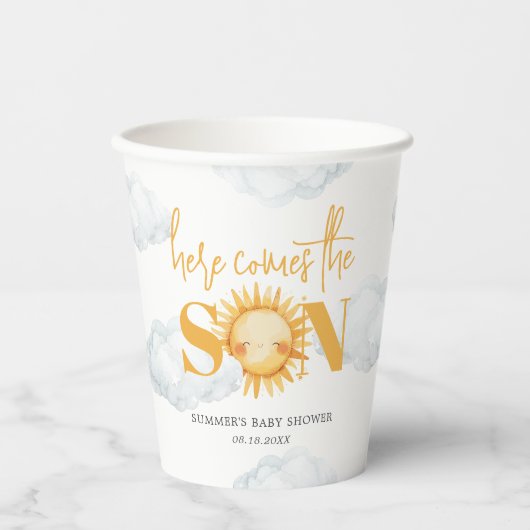 Hier kommt die Son Boy Baby Dusche Pappbecher (Vorderseite)