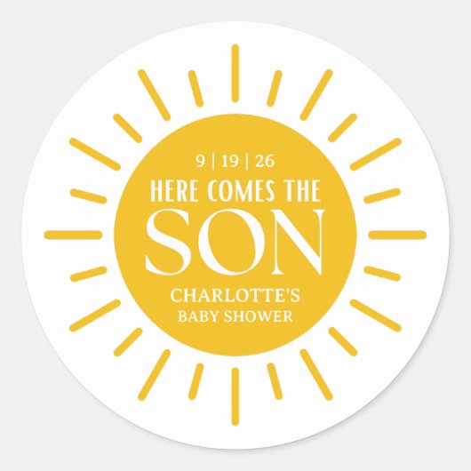 Hier kommt die Son Boy Baby Dusche Runder Aufkleber (Vorderseite)